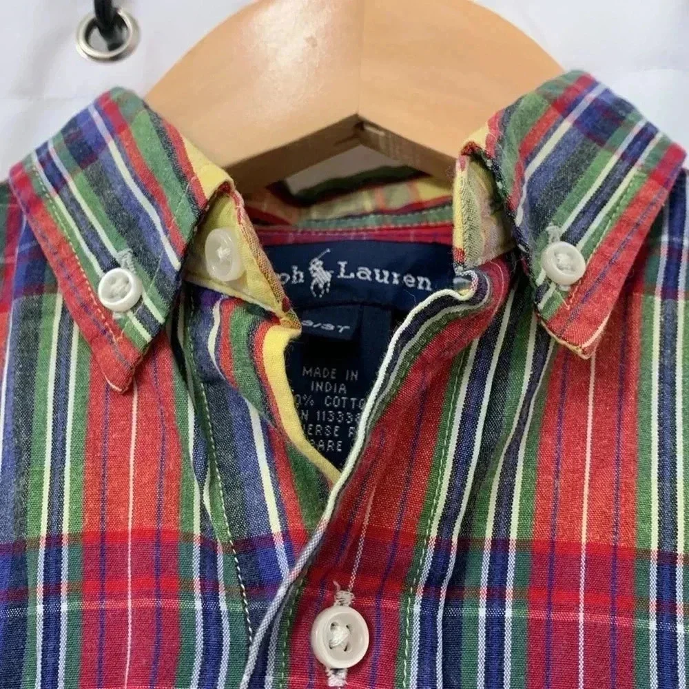 Boys Ralph Lauren Short Sleeve Plaid‎ Button Down Shirt Size 3T EUC
